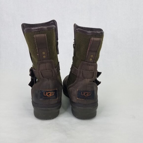 UGG Simmens Boots Women 6 Leather Waterproof Brown Olive Shearling Lining Zip Up - Picture 5 of 16